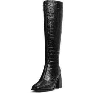 Women Crocodile Black Polyurethane Knee High Square Toe Block Heel Tall Boots